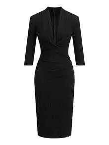 Ellevyn 女士纯色深V领褶皱修身中长连衣裙 - 黑色 - 查看 7