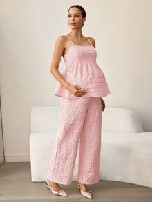 MaterniWear 2pcs Maternity Jacquard Ruffle Hem Camisole And Adjustable Waist Wide Leg Pants Set - Baby Pink - View 8