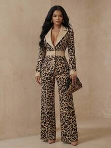 Anewsta Leopard Print Women's Suit With Contrasting Leopard Print Flare Pants, Elegant And Modern Office Attire - Brown - View 5