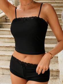 Swim Mod Women's Black Lace Patchwork Spaghetti Strap Tight Sexy Beach Vacation 2 Pieces Swimwear, Summer - Black - View 3