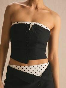 MUSERA Polka Dot Detail Tailored Bandeau Top Only Spring Summer Cosy Cute Daily Girly Vacation Sunlight Social - Black - View 1