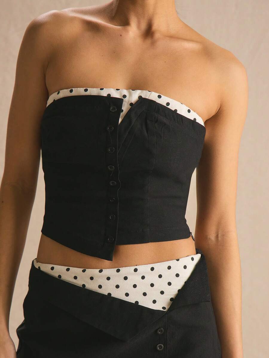 MUSERA Polka Dot Detail Tailored Bandeau Top Only Spring Summer Cosy Cute Daily Girly Vacation Sunlight Social - Black - View 1
