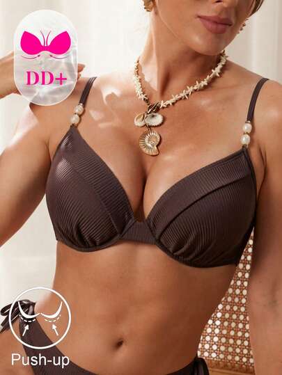  Swim DD+ New Arrival Women's Plus Size DD+ Beachy Vacation Style Bikini Top - Deep Brown Ribbed Knit Fabric With Sexy Push Up Underwire Support, Pearl Bead Embellishment & Adjustable Spaghetti Straps - Premium Stretch Quick Drying Swim Material - Perfect For Summer Beach Vacation, Pool Party ,Music Festival Holiday,Casual Wear With Jeans&Shirts
