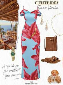 Qadelle Damen Sommer Urlaubs Off-Shoulder Kleid mit Blume Muster - Verschiedenfarbig - Übersicht 1