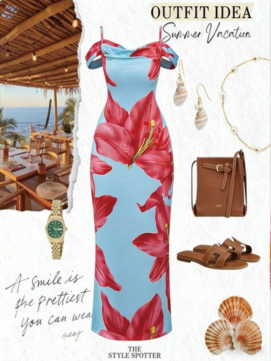Qadelle Damen Sommer Urlaubs Off-Shoulder Kleid mit Blume Muster - Verschiedenfarbig - Übersicht 1