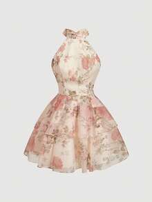 SHEIN MOD 女士露背蝴蝶结双层荷叶边公主裙，春夏连衣裙，婚礼宾客礼服，生日礼服 - 彩色 - 查看 1