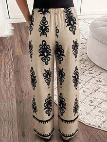 Louniche 女士简约几何印花蕾丝边直筒裤，适合早春假期穿 - 彩色 - 查看 2