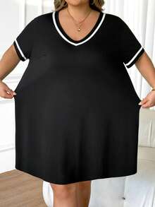 SHEIN CURVE+ 大码女式时尚休闲V领撞色缎带黑色针织连衣裙 - 黑色 - 查看 9