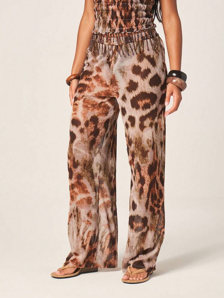 MISSGUIDED Leopard Print Wide Leg Palazzo Pants With Beaded Trim Detail High Waist Flowing Bohemian Style