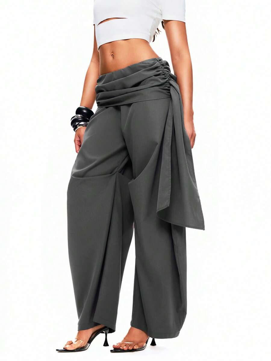 TypaGal 女士纯色褶裥腰部宽松裤 - 灰色 - 查看 1