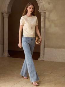 MOTF PREMIUM WOMEN'S CONTRAST LACE SHORT SLEEVE KNIT TOP - Apricot - View 4