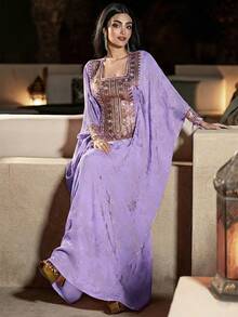 Layrah Áo choàng cánh dơi thêu jacquard vàng sang trọng dành cho tiệc tùng. - Màu tím - Xem 2