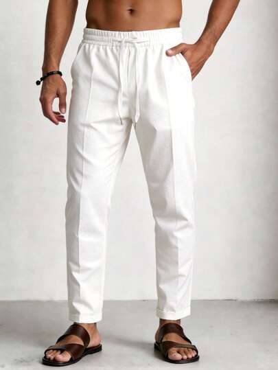 HIMLAND Herren einfarbige Hose mit Kordelzug in der Taille, Schlitz-Tasche vorne, Lässig