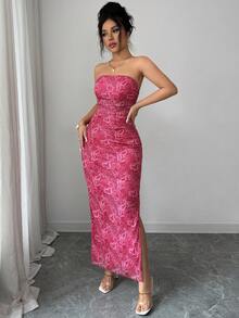Rafferiza Đầm dự tiệc không dây vai, xẻ tà, chất liệu lưới, xếp ly, in họa tiết tie-dye, thắt eo, thanh lịch dành cho nữ. - Màu Hồng Tươi - Xem 4
