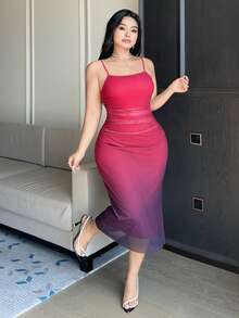 Dazy Plus Plus Size Stretchy Ombre Knit Mesh Maxi Slip Dress Sundress - Black - View 5