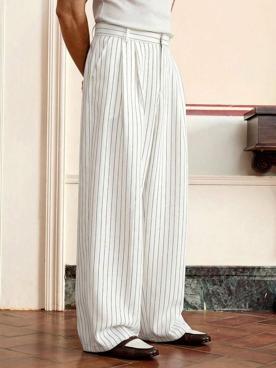 SWAVVY Men's Solid Color Pleated Wide Leg Loose Casual Long Pants,For Spring And Autumn - White - View 1