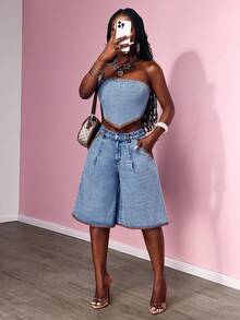 Slaydiva 女士宽松休闲百搭牛仔阔腿百慕大短裤 - 中等水洗藍 - 查看 5