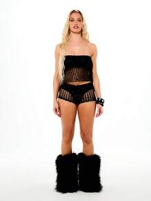 SUMWON WOMEN Sequined Strapless Bandeau Crop Top With Mesh Panels And Crochet Knit Details For Evening Party Club Night Out - Black - View 3