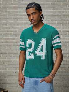 Manfinity Joysei Men's Casual Versatile Numeric Pattern Knit Short Sleeve Top, Suitable For Daily Wear - Green - View 6