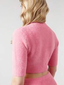 OverBlushhh Women's Pink Plush Knit Top With Heart Cut Out Slim Fit Short Sleeve Cute Girly Date, Everyday Wear, Birthday, Spring - Pink - View 2