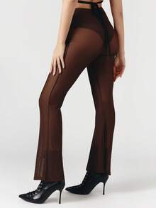 OverBlushhh 女士棕色透视网纱高腰喇叭裤，内置高腰内裤，性感透视，适合夜店、节日、舞蹈场合，搭配高跟鞋，弹力阔腿裤，春夏季 - 棕色 - 查看 4