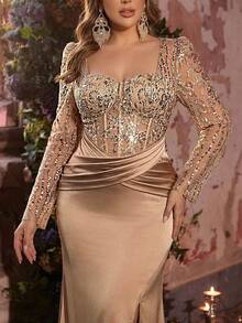 Glamrae 大码优雅奢华刺绣亮片蕾丝缎面拼接透视性感美人鱼长裙，侧开衩，适合婚礼、派对、度假、舞会、晚礼服（重工装饰） - 香檳色 - 查看 5