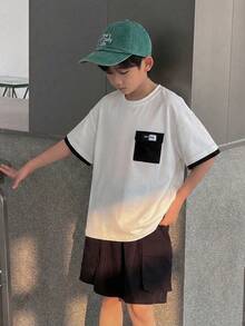 SHEIN 2pcs Tween Boy Black And White Contrast Color Block Pocket Round Neck Short Sleeve T-Shirt And Cargo Shorts Set,Back-To-School Summer Casual School - Black - View 5