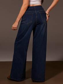 Athîral Women's High Waist Contrast Lace Pocket Wide Leg Loose Jeans - Blue - View 2