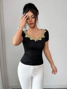 GlowEve Elegant Summer Knitted T-Shirt For Women - Black - View 5