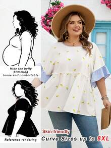 SHEIN CURVE+ Curve 尺码 US22 音乐节、海滨度假、波西米亚风女士休闲度假条纹V领拼接柠檬印花A-List Doll衬衫 - 彩色 - 查看 11