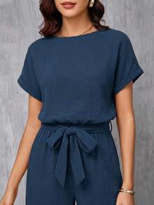 SHEIN Clasi Bộ jumpsuit dài nữ màu xanh dương thanh lịch, cổ tròn, hai lớp vải cotton nhăn, thắt eo, thích hợp cho kỳ nghỉ hè, hẹn hò, đi làm và du lịch. - Màu xanh lam - Xem 3