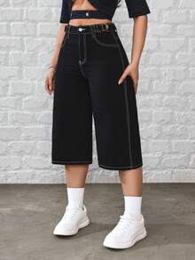 SHEIN Tall Women's High Waist Pockets Loose Casual Wide Leg 7/8 Length Jeans - Black - View 5