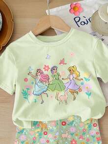 SHEIN LMoss Kids 薄荷绿，春意盎然，甜美可爱公主风，波西米亚风印花，花卉图案，少女休闲宽松圆领短袖T恤搭配修身骑行短裤，适合春夏日常、居家、度假、节日等场合，充满春日气息，夏日氛围，轻松舒适的春夏穿搭，时尚小女孩套装，休闲装，公主风，花卉图案T恤套装，春夏套装，新款，清凉舒适，春日氛围，清凉夏日 - 彩色 - 查看 4