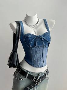 Elamini Women's Knotted Design Fashionable Versatile Date Casual Denim Top - Blue - View 1