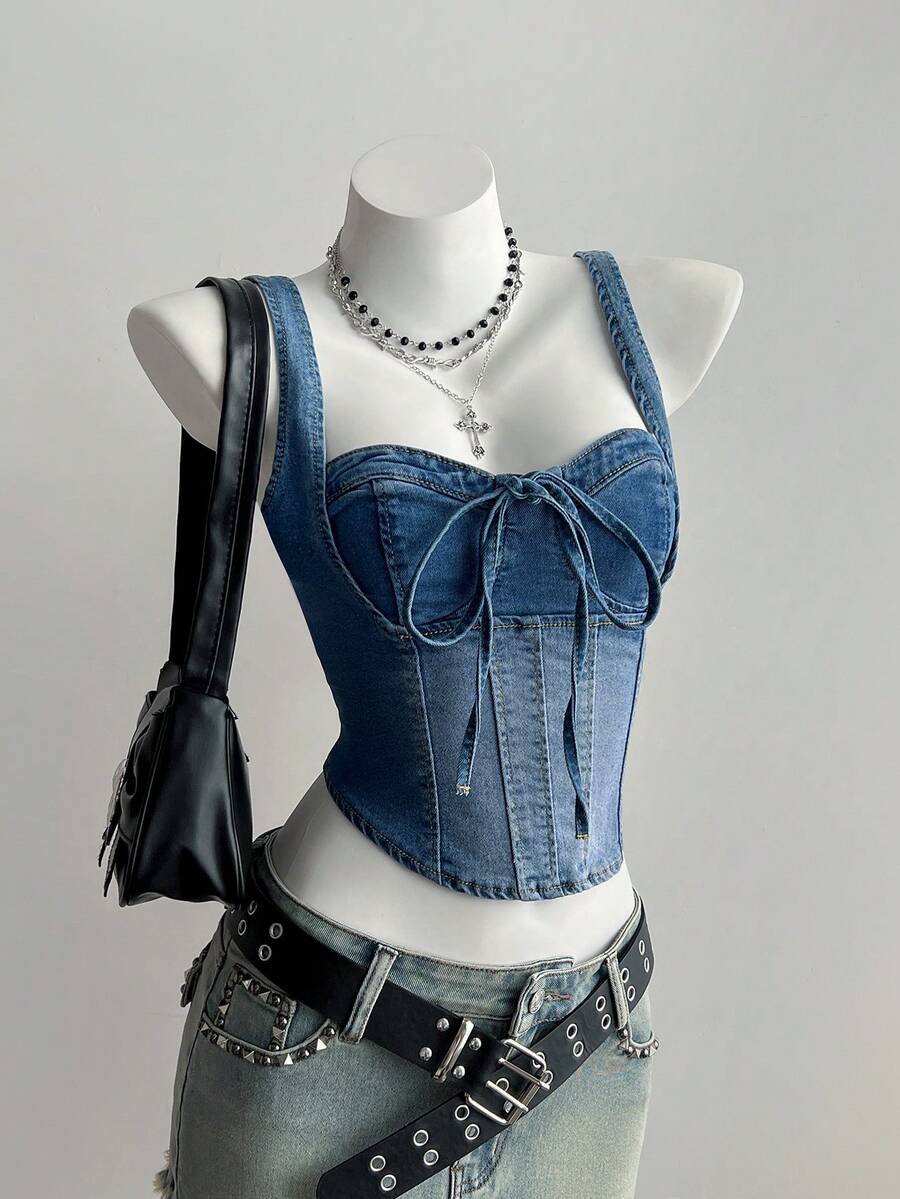 Elamini Women's Knotted Design Fashionable Versatile Date Casual Denim Top - Blue - View 1