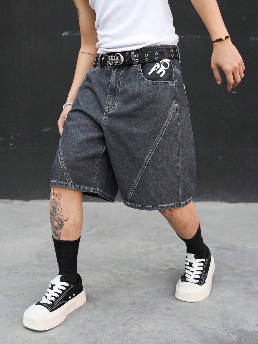 Manfinity EMRG Men's Denim Print Wide Leg Shorts - Black - View 1