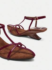 2025 法国皮革尖头坡跟时尚简约系带凉鞋，适合女士，鞋头空间约 3.2 厘米 - 3.6 厘米 - 紅色 - 查看 15