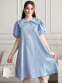 SHEIN 少女派对礼服，荷叶边蝴蝶结设计连衣裙 - 藍色 - 查看 4