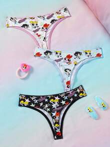 THE POWERPUFF GIRLS X SHEIN 3件套女士卡通印花舒适丁字裤 - 彩色 - 查看 2