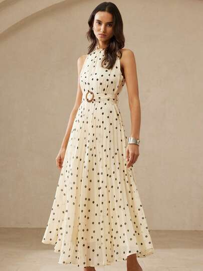 Aveloria Rosie French Retro Elegant Daily Date Vacation Contrast Color Polka Dot Cinched Waist Design Stand Collar Ruffle Patchwork Wide Belt Pleated Dress, Sleeveless