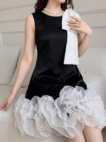 SHEIN Teen Girl Bowknot Ruffle Hem H-Line Party Dress Black Dress With White Bow Ruffle Trim Dress Black White Dress Sleeveless Dress - Black and White - View 5