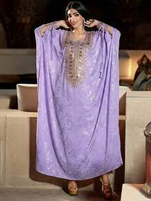 Layrah Áo choàng cánh dơi thêu jacquard vàng sang trọng dành cho tiệc tùng. - Màu tím - Xem 4