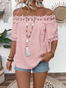 EMERY ROSE Women's Off Shoulder Jacquard Casual Versatile Daily Wear Short Sleeve Blouse - Pink - View 4