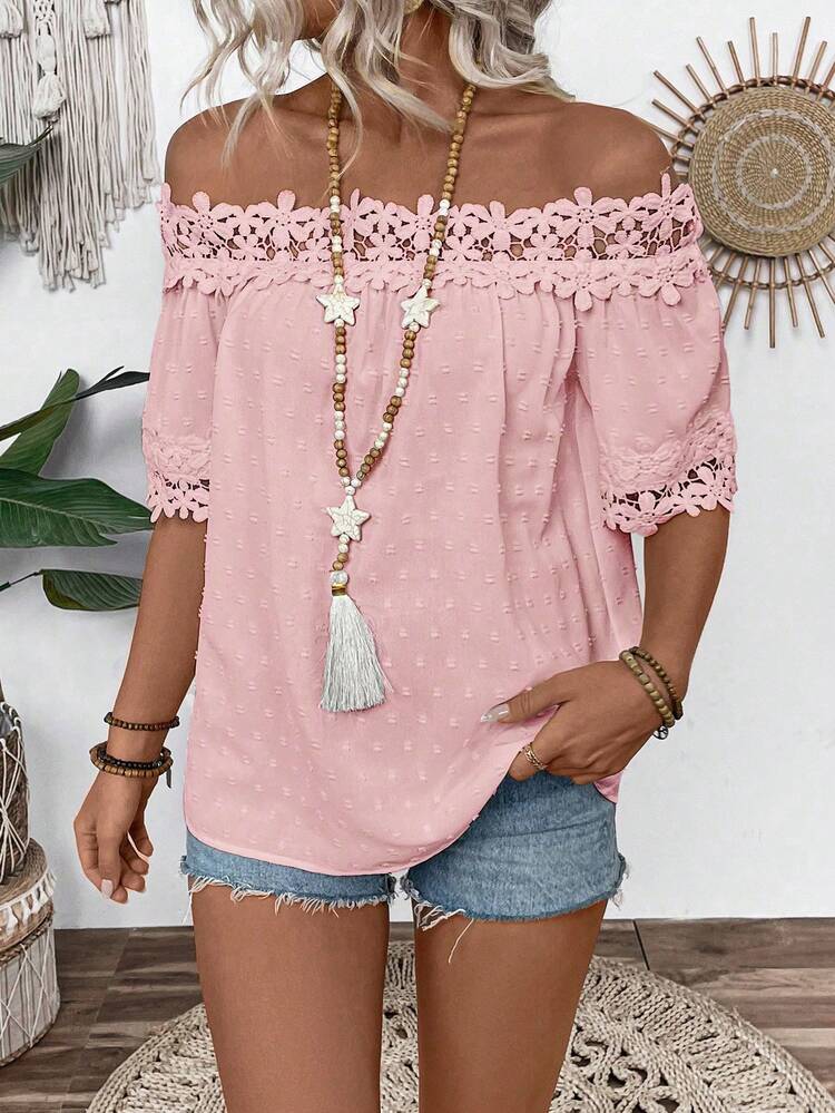 SHEIN LUNE Blusa de mujer de manga corta con hombros descubiertos, jacquard, casual y versátil para uso diario - Rosa - Añade 4