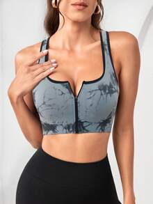 Rhythm Era Contrast Trim Zipper Tie-Dye Print Scoop Neck Sports Bra - Black - View 1