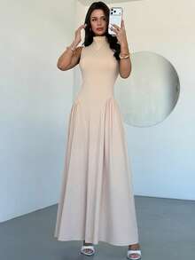 Firerie Women's Elegant Daily Commute Casual Travel Vacation Dress, Apricot Khaki Sleeveless Stand Collar Waist A-Line Slimming Graceful Dress, Beach Dress Outfit, Vacation Dress Outfit, Teacher Dress Outfit - Khaki - View 8