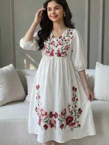 SHEIN Đầm babydodo màu trắng trơn dành cho thiếu nữ, họa tiết hoa, thích hợp cho mùa xuân và mùa hè. - trắng - Xem 4