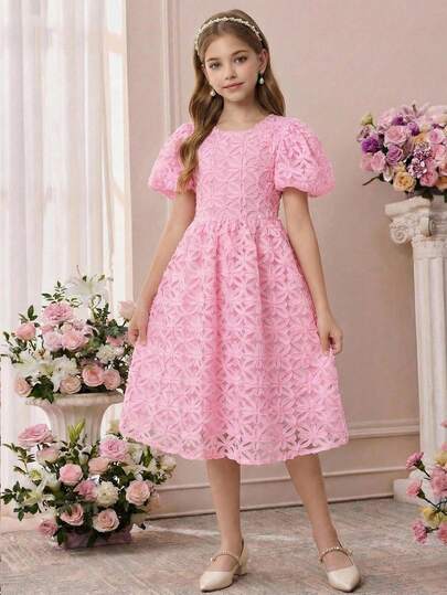 Pitira Tween Girls Elegant Luxury Cute Puff Sleeve 3D Floral Party Dress, Suitable For Attending Balls, Weddings, Parties, Events