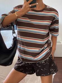 DAZY 女士条纹圆领休闲百搭日常短袖T恤宽松印花T恤 - 棕色 - 查看 6