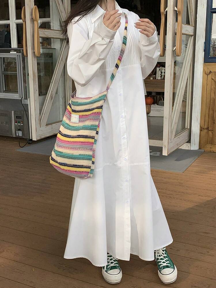 Women's Solid Color Collared Pleated Casual Everyday Commute Long Dress Sundress